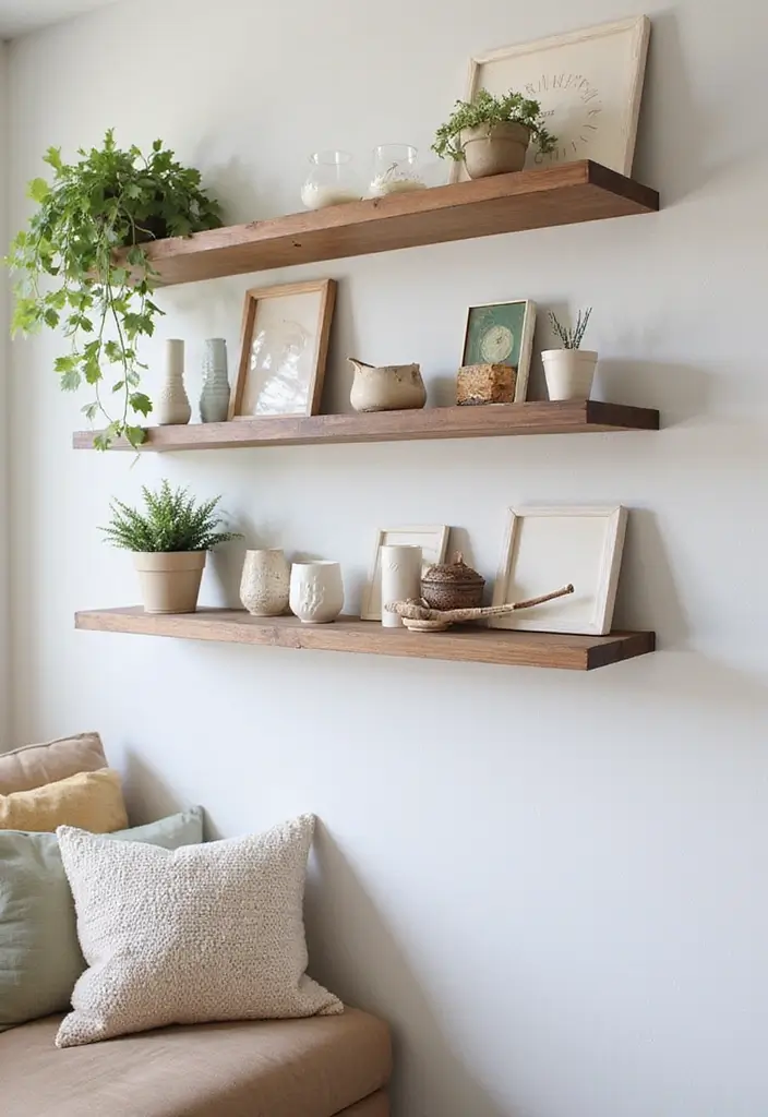 29 Magical Living Room Ideas That Feel Whimsical and Dreamy - 17. Floating Shelves with Flair
