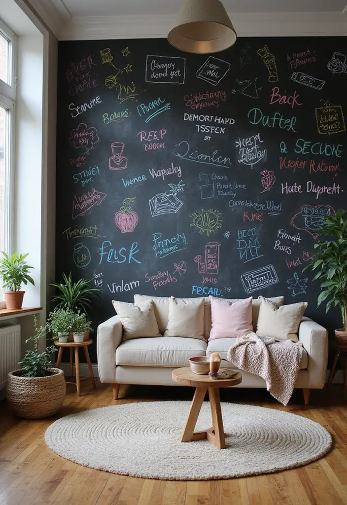 29 Magical Living Room Ideas That Feel Whimsical and Dreamy - 28. Interactive Chalkboard Walls