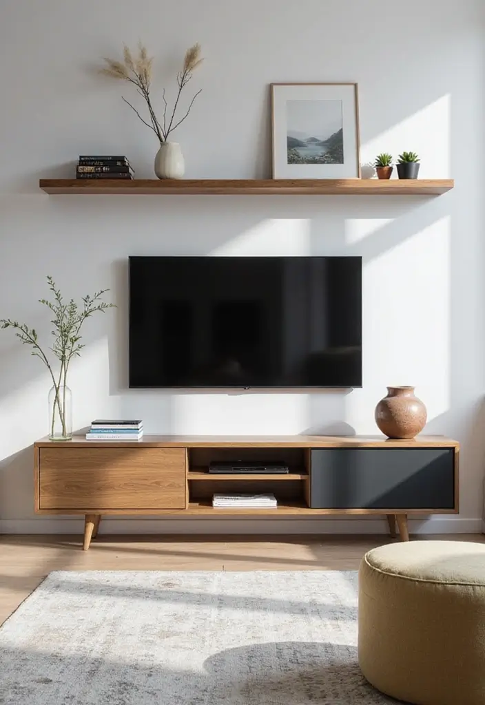 29 Simple TV Cabinet Design for Living Room That Looks Clean and Sleek - 1. Floating Shelves TV Cabinet