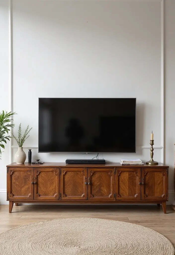 29 Simple TV Cabinet Design for Living Room That Looks Clean and Sleek - 10. Vintage-Inspired TV Cabinet