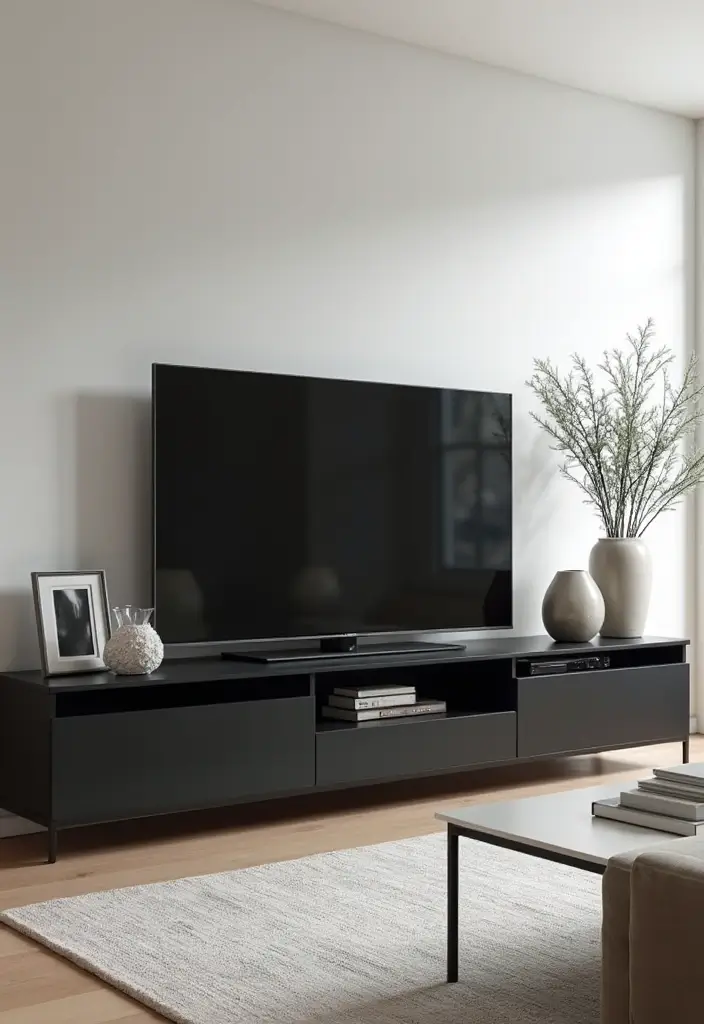 29 Simple TV Cabinet Design for Living Room That Looks Clean and Sleek - 11. Streamlined Black TV Cabinet