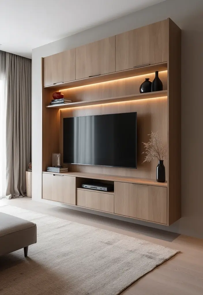 29 Simple TV Cabinet Design for Living Room That Looks Clean and Sleek - 17. Minimalist Wall Unit