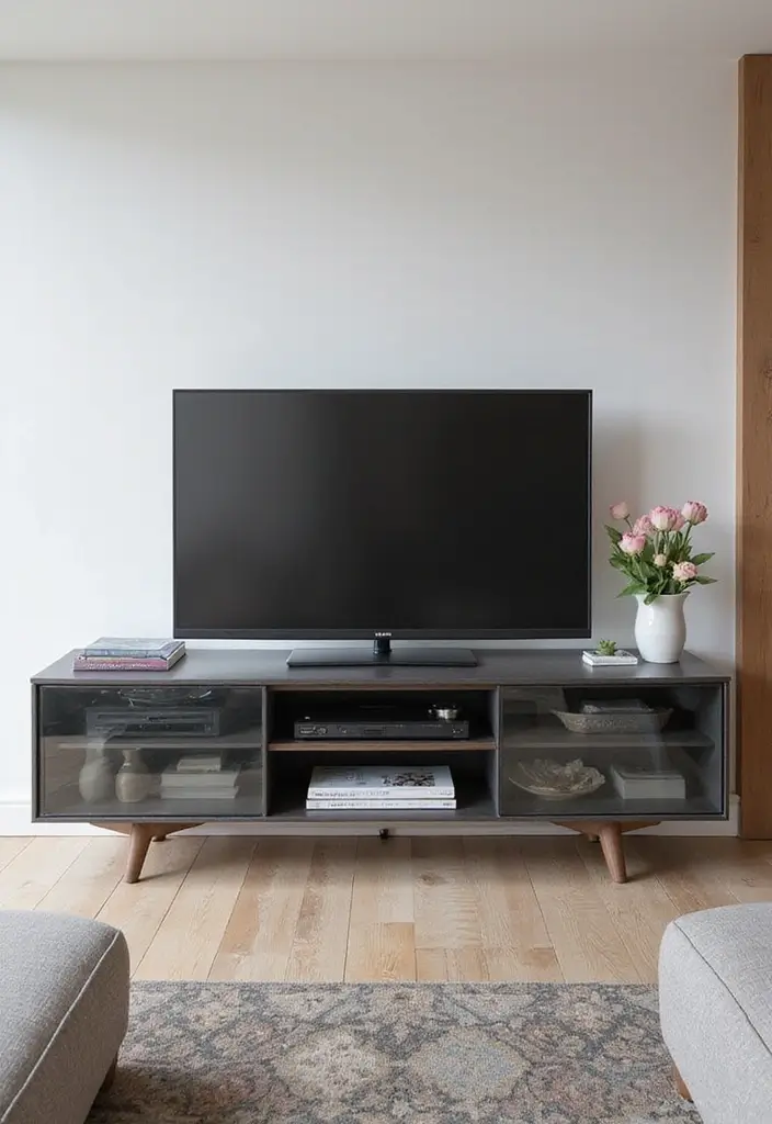 29 Simple TV Cabinet Design for Living Room That Looks Clean and Sleek - 18. Sleek Glass Front Cabinets