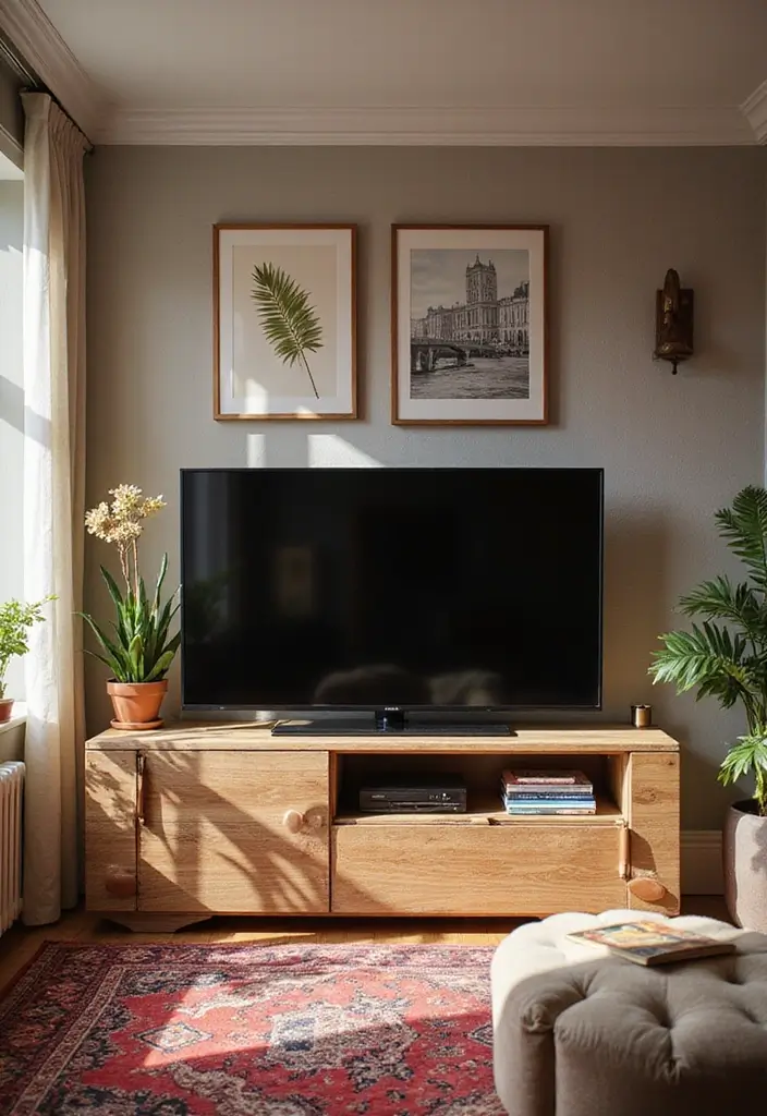 29 Simple TV Cabinet Design for Living Room That Looks Clean and Sleek - 19. Artistic TV Stand