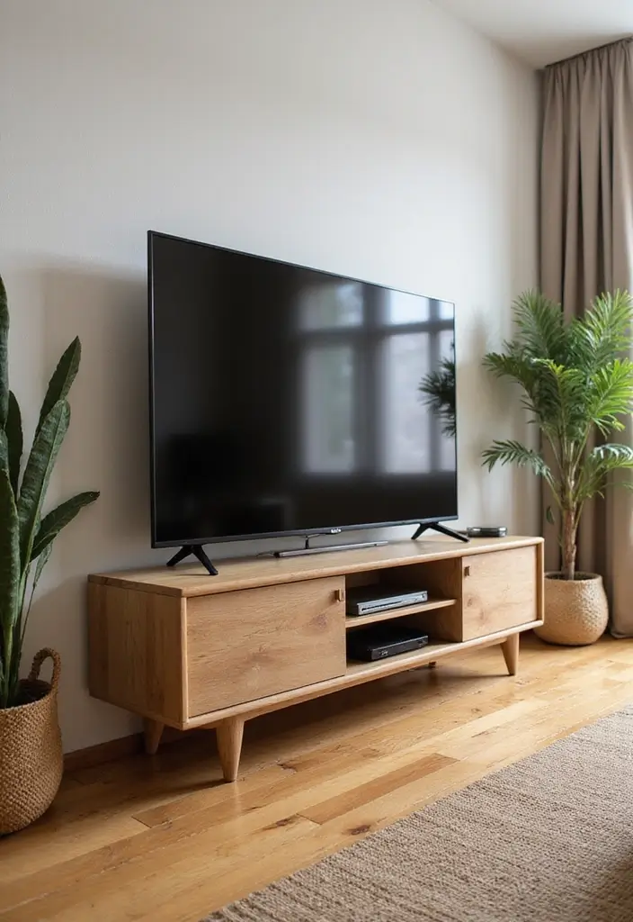 29 Simple TV Cabinet Design for Living Room That Looks Clean and Sleek - 20. Simple Wooden Bench