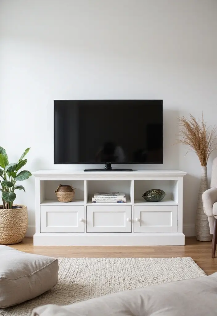 29 Simple TV Cabinet Design for Living Room That Looks Clean and Sleek - 21. Simple White Cabinet with Open Shelving