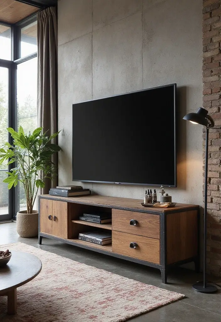 29 Simple TV Cabinet Design for Living Room That Looks Clean and Sleek - 23. Industrial Style TV Cabinet