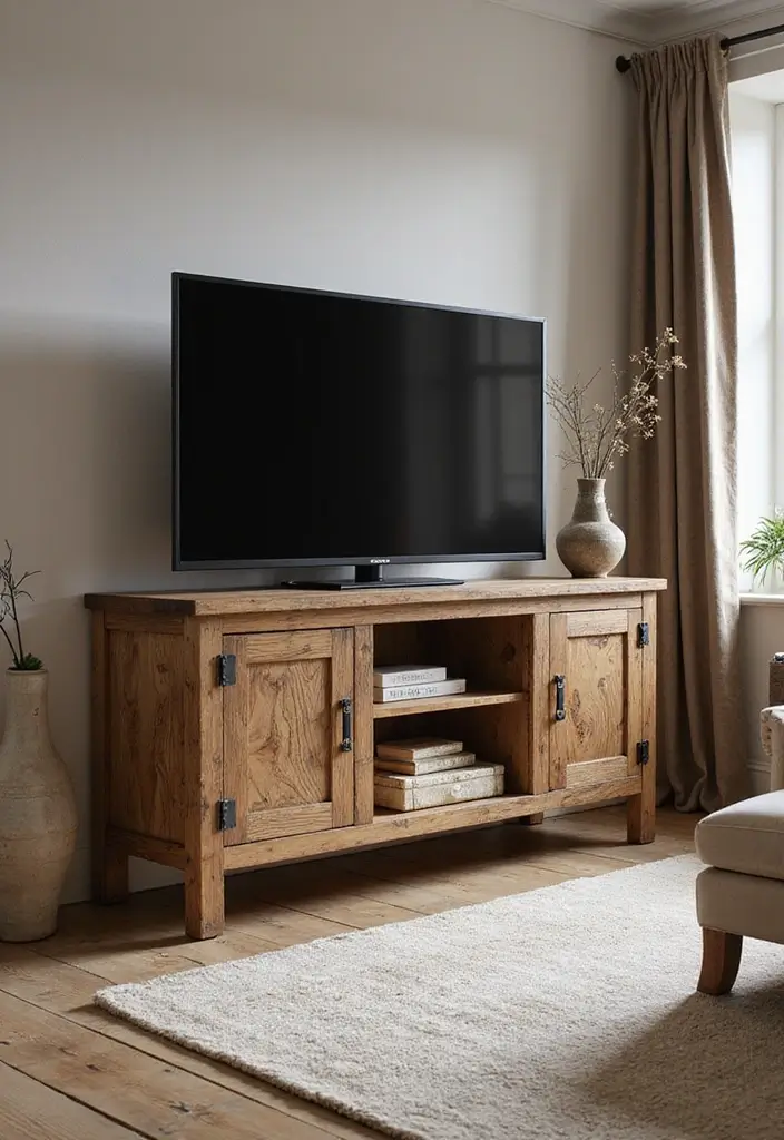 29 Simple TV Cabinet Design for Living Room That Looks Clean and Sleek - 24. Rustic Chic Cabinet