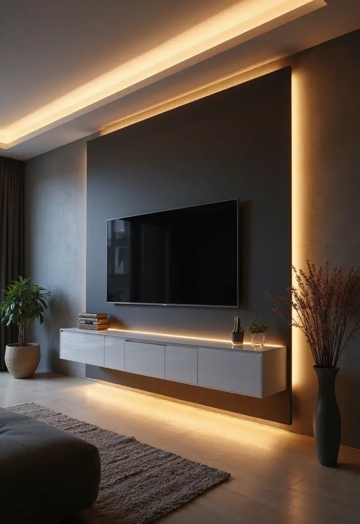 29 Simple TV Cabinet Design for Living Room That Looks Clean and Sleek - 25. Sleek TV Cabinet with LED Lighting