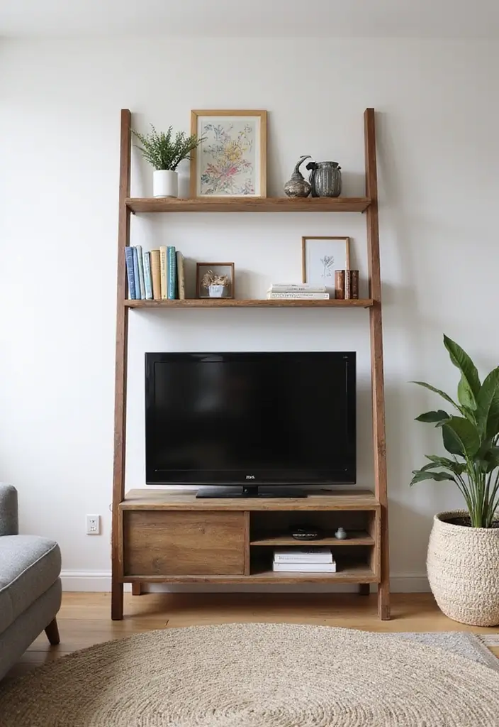 29 Simple TV Cabinet Design for Living Room That Looks Clean and Sleek - 8. Stylish Ladder Shelf TV Stand