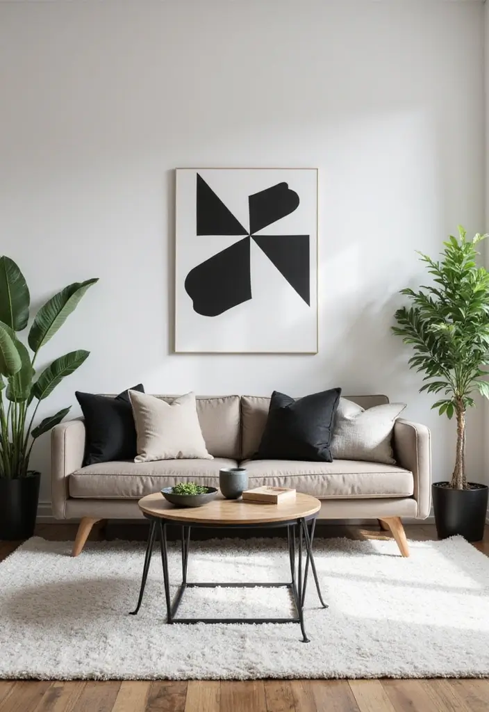 29 Taupe Sofa Living Room Ideas That Feel Soft and Neutral - 1. Minimalist Chic with Monochrome Accents