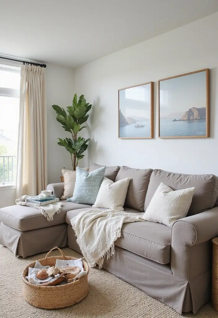 29 Taupe Sofa Living Room Ideas That Feel Soft and Neutral - 11. Coastal Vibes