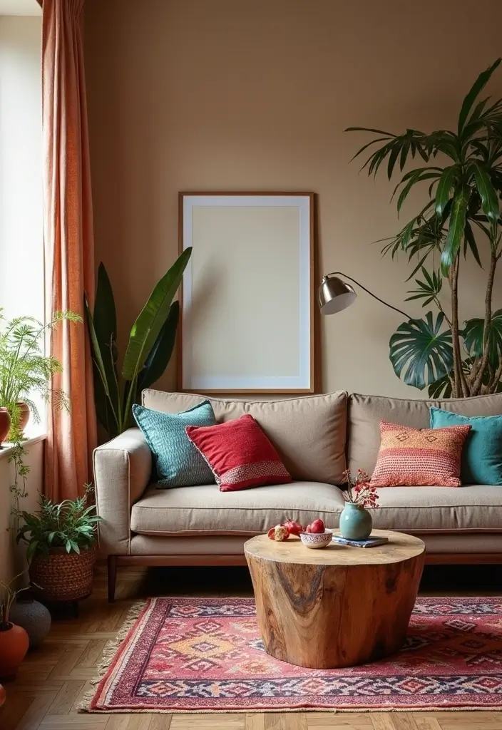 29 Taupe Sofa Living Room Ideas That Feel Soft and Neutral - 12. Bohemian Flair