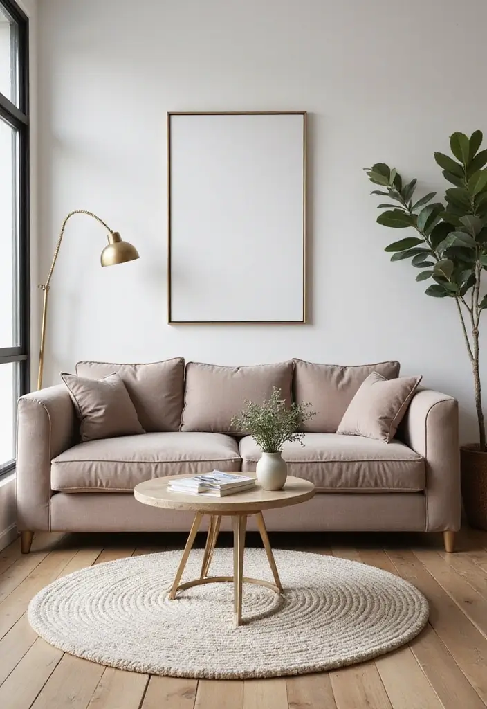29 Taupe Sofa Living Room Ideas That Feel Soft and Neutral - 16. Soft Glam with Metallic Accents