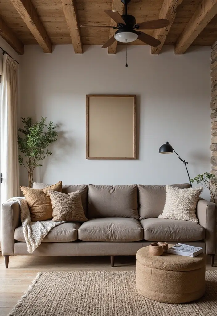 29 Taupe Sofa Living Room Ideas That Feel Soft and Neutral - 17. Rustic Retreat