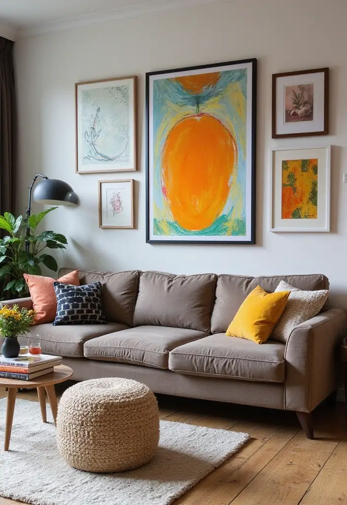 29 Taupe Sofa Living Room Ideas That Feel Soft and Neutral - 19. Artistic Expression