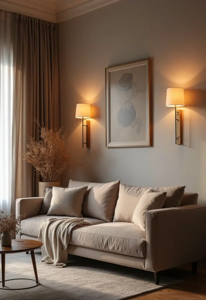 29 Taupe Sofa Living Room Ideas That Feel Soft and Neutral - 20. Layering Lighting