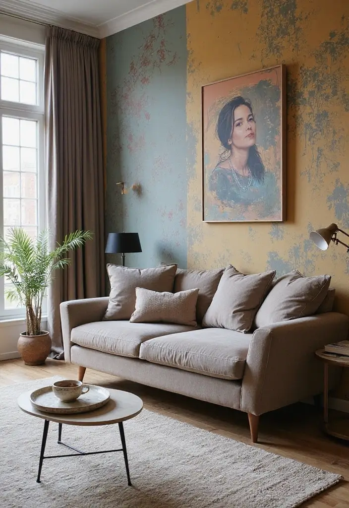 29 Taupe Sofa Living Room Ideas That Feel Soft and Neutral - 22. Statement Wall Behind the Sofa