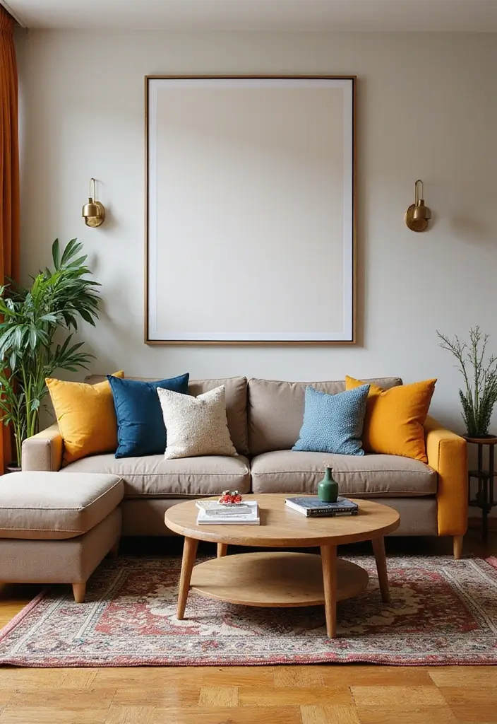 29 Taupe Sofa Living Room Ideas That Feel Soft and Neutral - 8. Bold Pops of Color