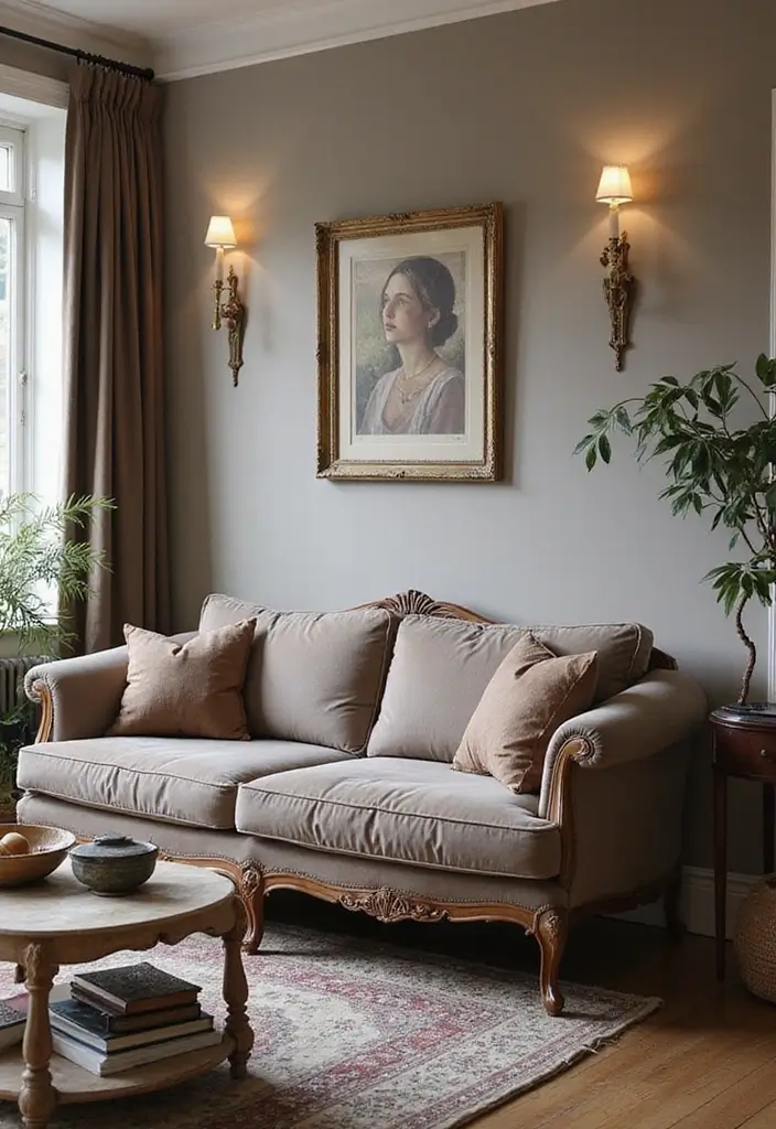 29 Taupe Sofa Living Room Ideas That Feel Soft and Neutral - 9. Vintage Glamour