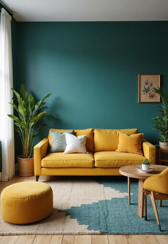 29 Teal and Mustard Living Room Ideas That Add Warmth and Contrast - 1. Bold Accent Wall