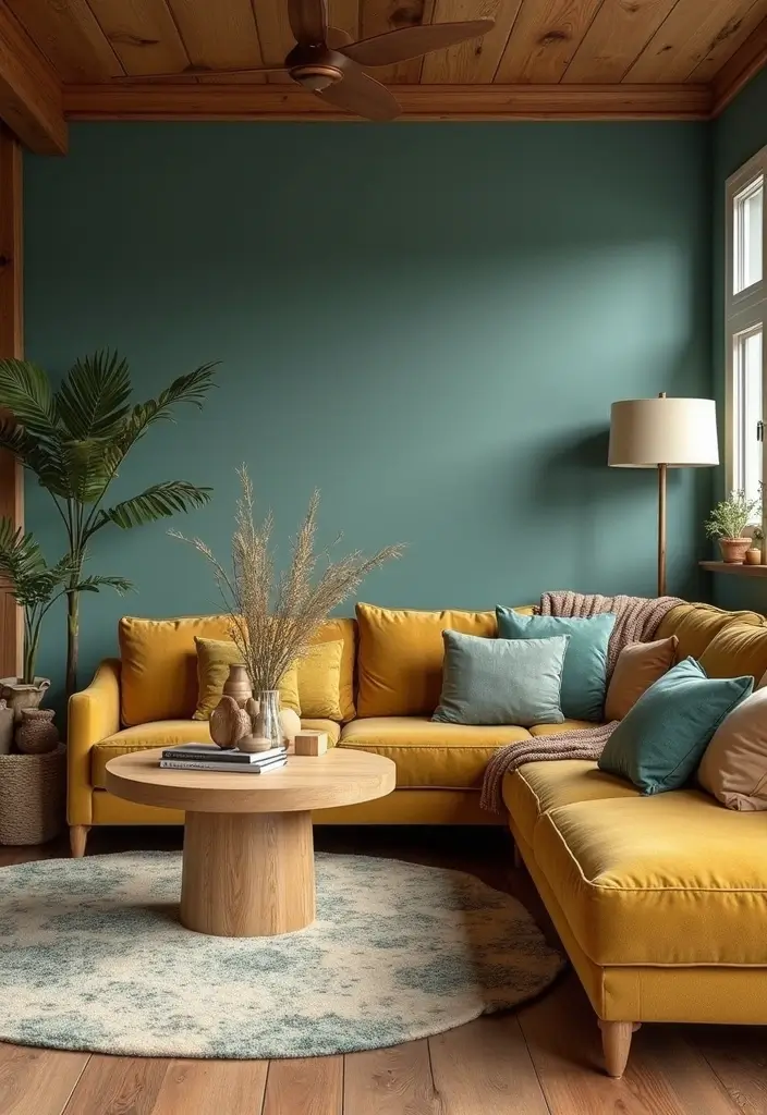 29 Teal and Mustard Living Room Ideas That Add Warmth and Contrast - 13. Contrast with Wood Tones