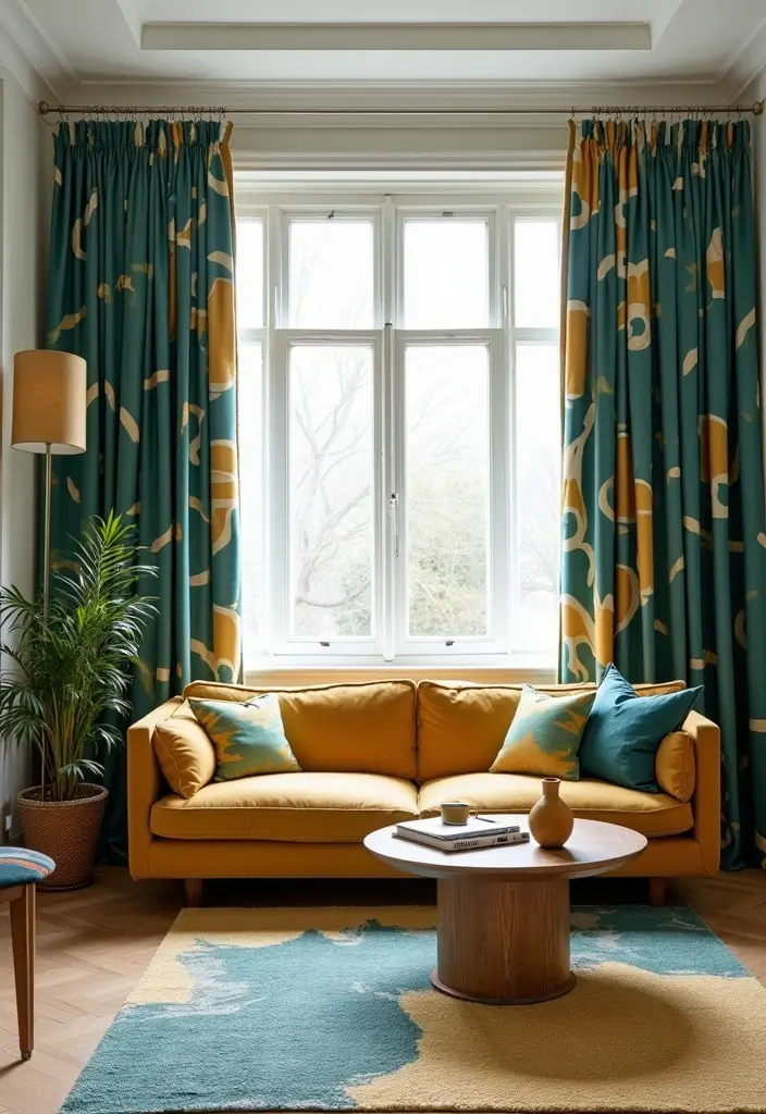 29 Teal and Mustard Living Room Ideas That Add Warmth and Contrast - 14. Use Bold Graphic Patterns