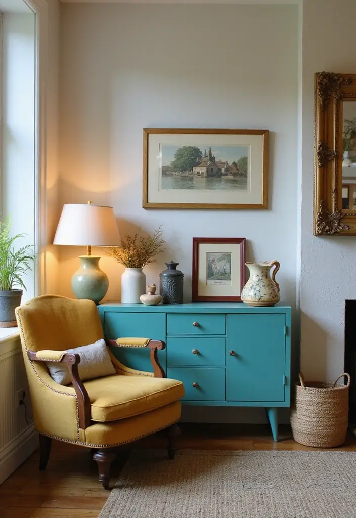 29 Teal and Mustard Living Room Ideas That Add Warmth and Contrast - 15. Vintage Finds