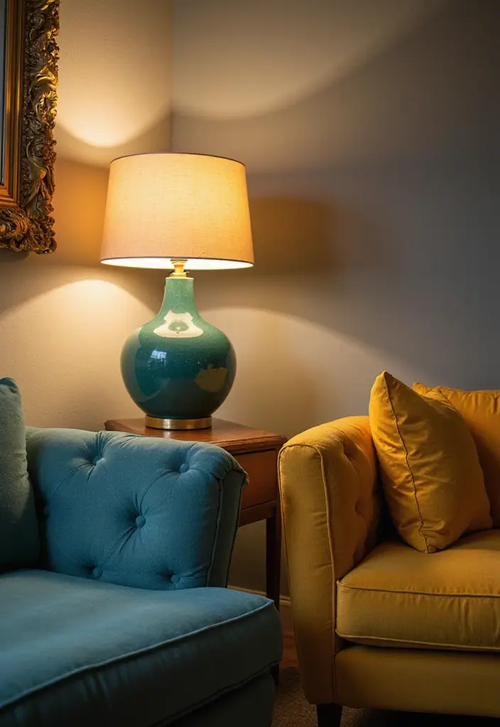 29 Teal and Mustard Living Room Ideas That Add Warmth and Contrast - 17. Pillars of Light with Decorative Lamps