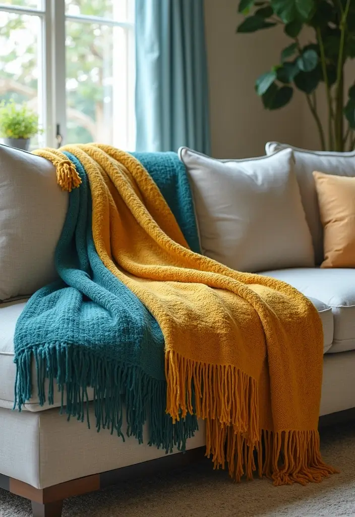 29 Teal and Mustard Living Room Ideas That Add Warmth and Contrast - 18. Refresh with a Teal and Mustard Throw Blanket