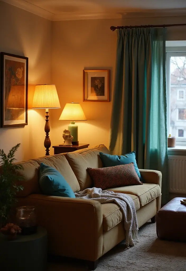 29 Teal and Mustard Living Room Ideas That Add Warmth and Contrast - 19. Layered Lighting