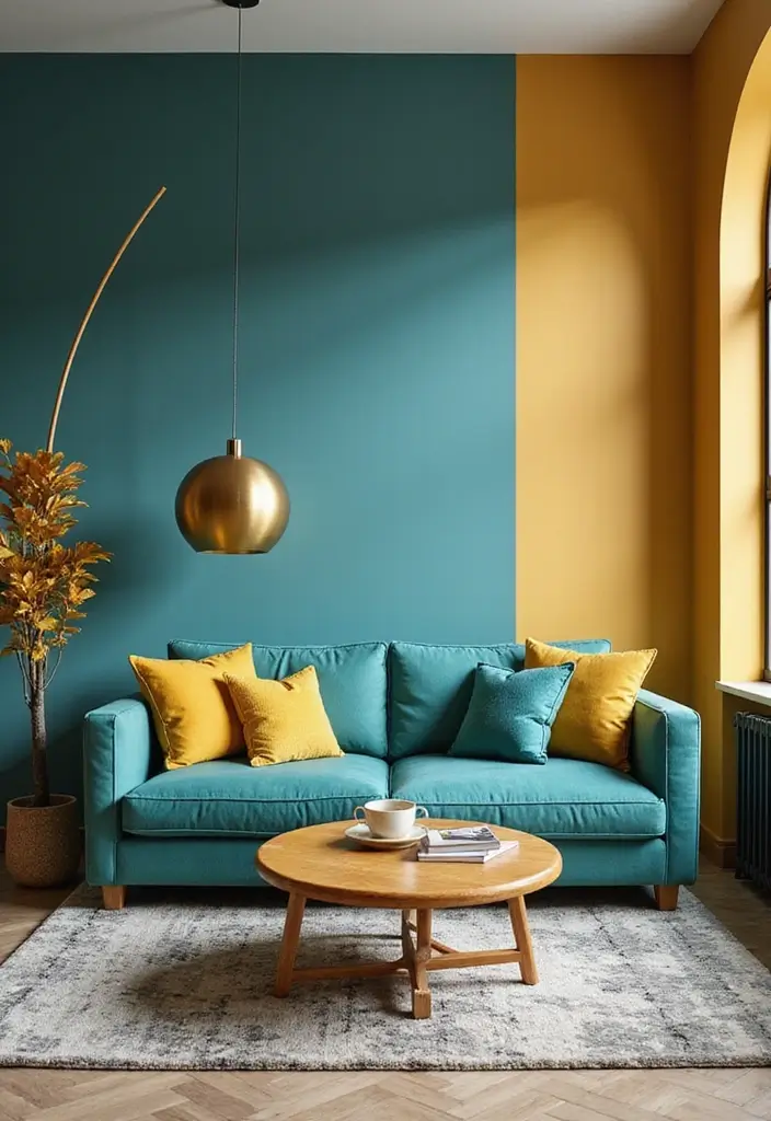 29 Teal and Mustard Living Room Ideas That Add Warmth and Contrast - 21. Teal and Mustard Color Blocks