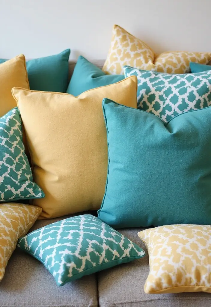 29 Teal and Mustard Living Room Ideas That Add Warmth and Contrast - 22. Custom-Made Cushions