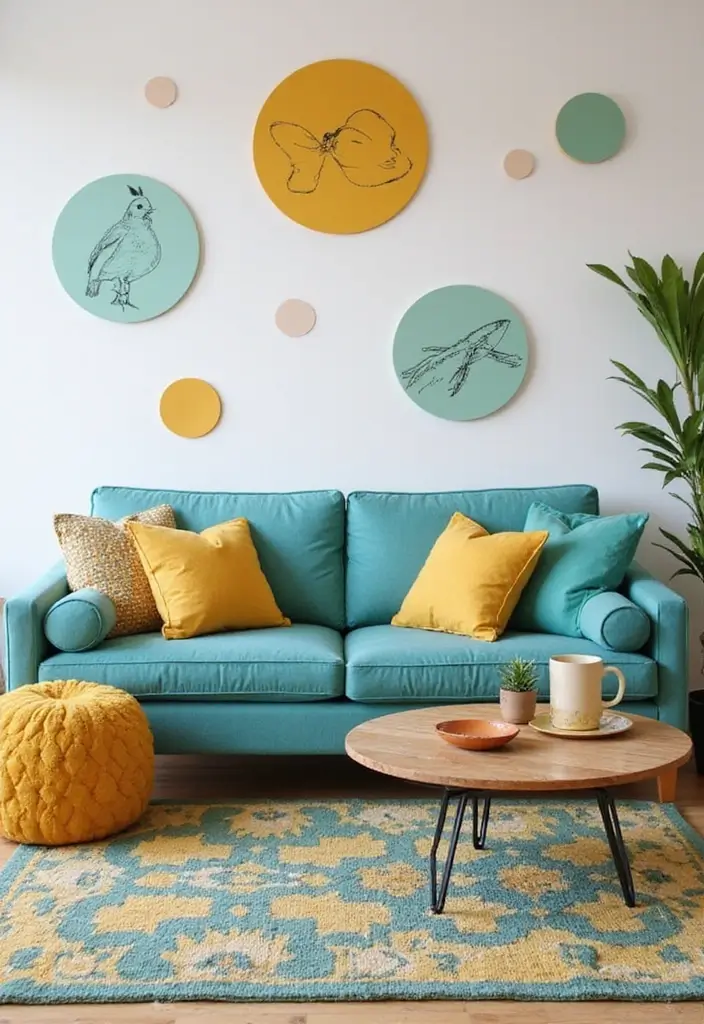29 Teal and Mustard Living Room Ideas That Add Warmth and Contrast - 23. Creative Wall Decals