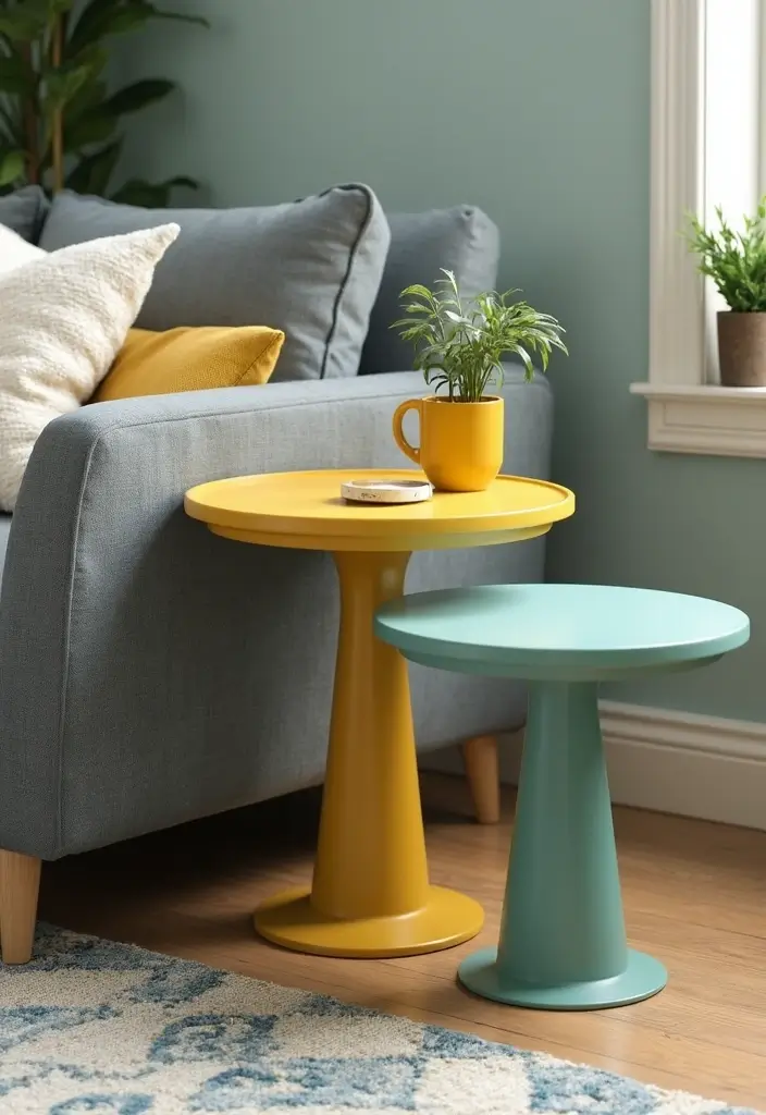 29 Teal and Mustard Living Room Ideas That Add Warmth and Contrast - 25. Colorful Side Tables
