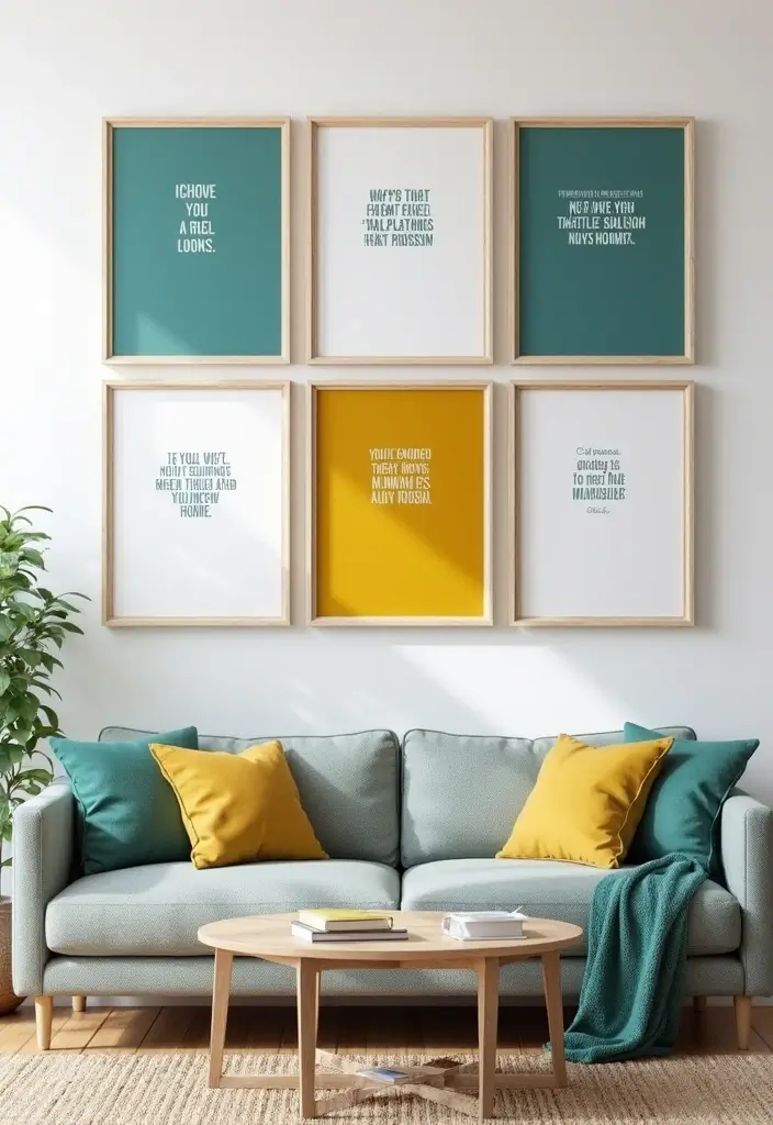 29 Teal and Mustard Living Room Ideas That Add Warmth and Contrast - 27. Inspirational Quote Prints