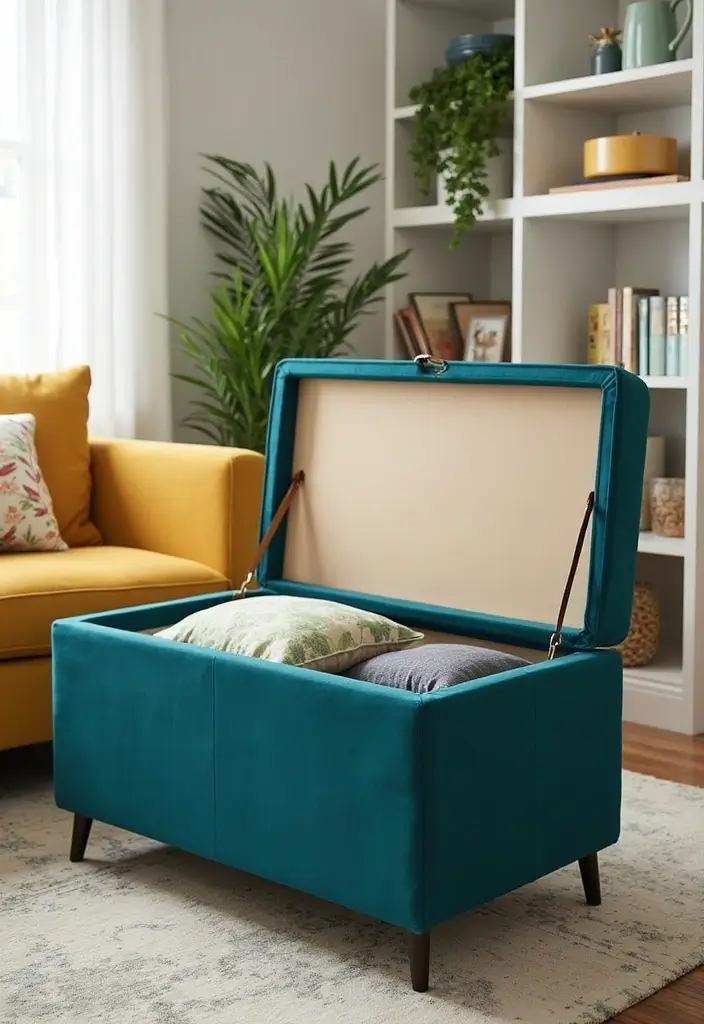 29 Teal and Mustard Living Room Ideas That Add Warmth and Contrast - 28. Functional Storage Solutions