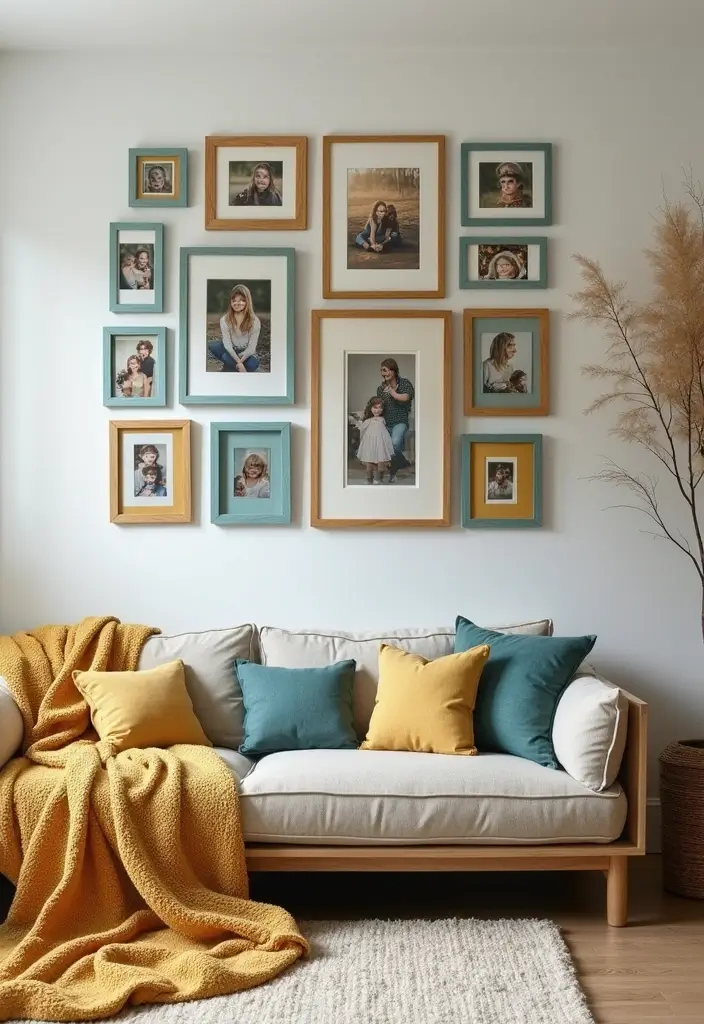 29 Teal and Mustard Living Room Ideas That Add Warmth and Contrast - 29. Personal Touches with Family Photos