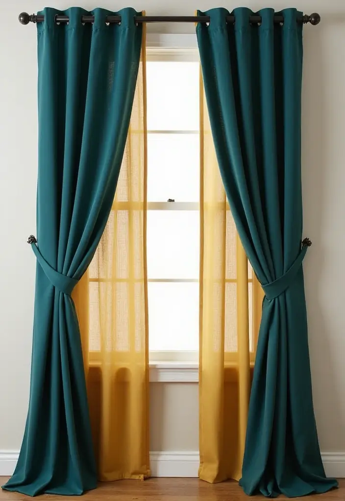 29 Teal and Mustard Living Room Ideas That Add Warmth and Contrast - 3. Curtains That Make a Statement