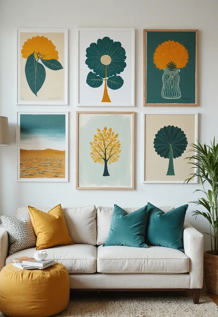 29 Teal and Mustard Living Room Ideas That Add Warmth and Contrast - 4. Eclectic Artwork