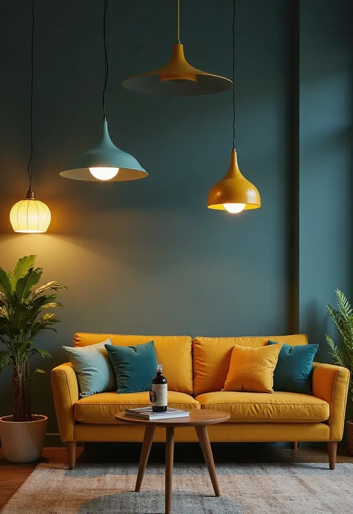 29 Teal and Mustard Living Room Ideas That Add Warmth and Contrast - 8. Statement Lighting Fixtures