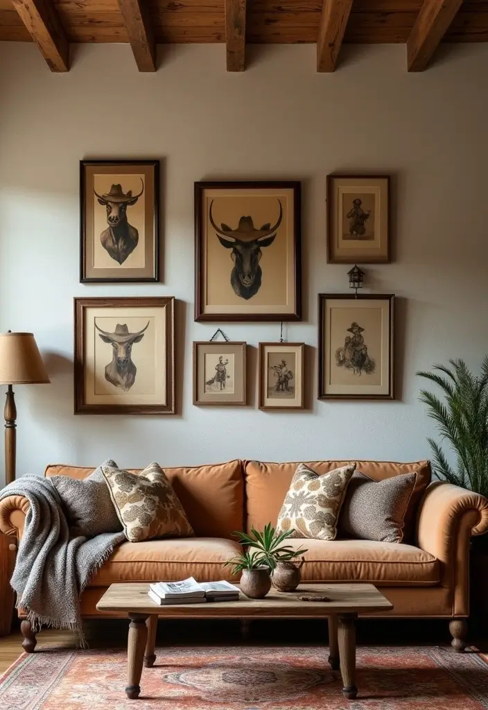 29 Western Living Room Decor Ideas That Feel Rustic and Cozy - 3. Vintage Western Artwork