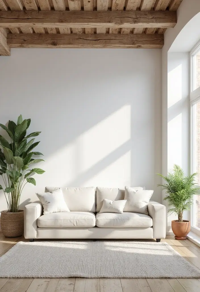 29 White Farmhouse Living Room Ideas That Feel Bright and Cozy - 1. Bright White Walls with Rustic Beams