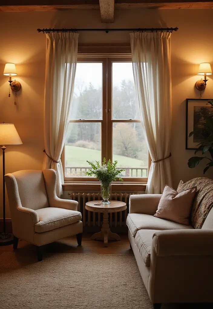 29 White Farmhouse Living Room Ideas That Feel Bright and Cozy - 10. Layered Lighting for Ambiance