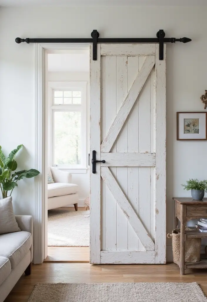 29 White Farmhouse Living Room Ideas That Feel Bright and Cozy - 12. Barn Doors as Unique Decor