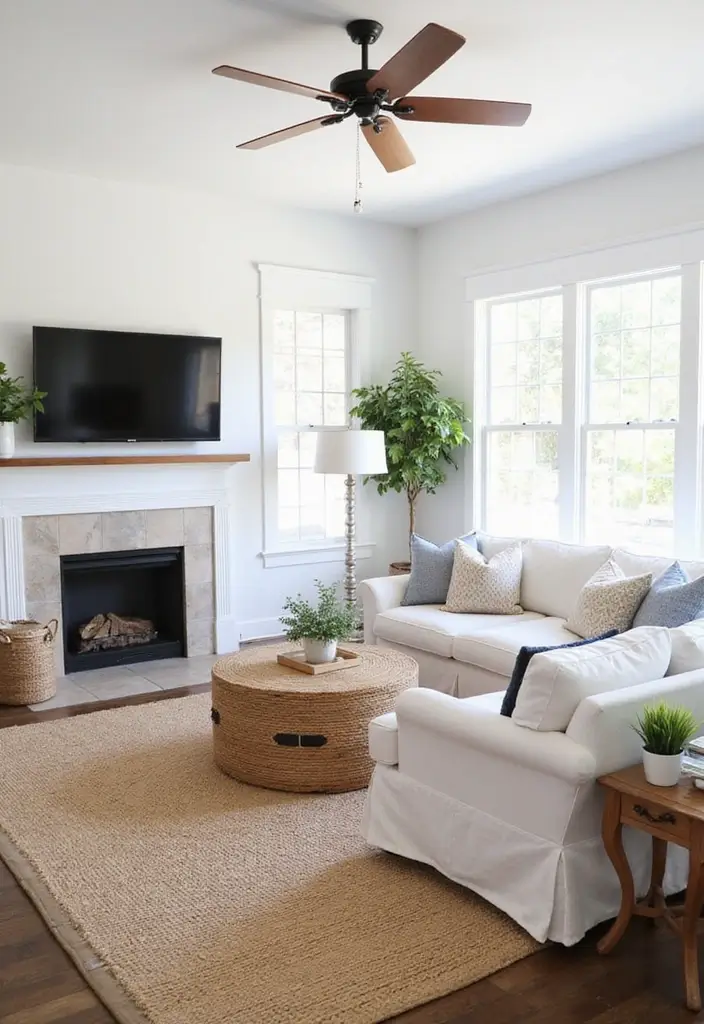 29 White Farmhouse Living Room Ideas That Feel Bright and Cozy - 14. Statement Rugs to Anchor the Space