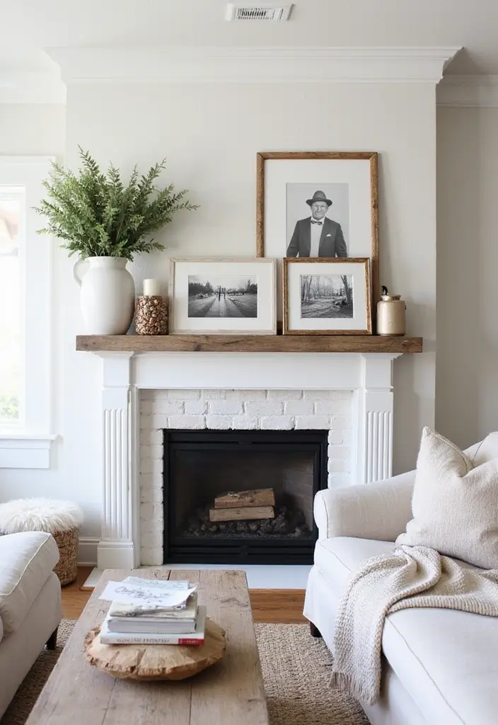 29 White Farmhouse Living Room Ideas That Feel Bright and Cozy - 16. Incorporate a Mantel for Warmth