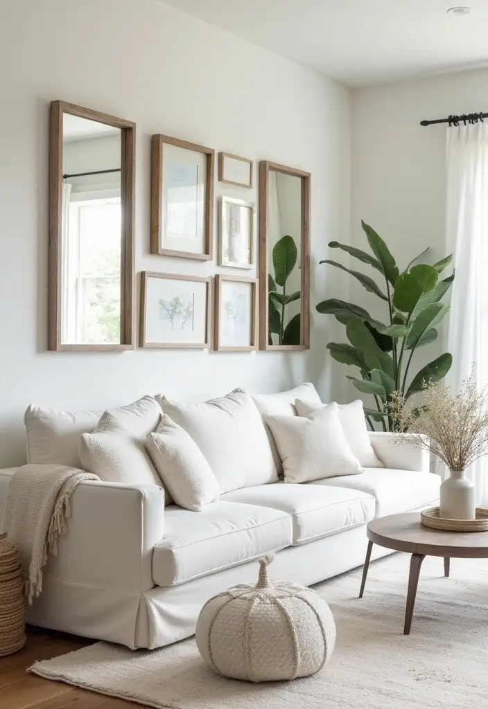 29 White Farmhouse Living Room Ideas That Feel Bright and Cozy - 18. Use Mirrors to Reflect Light