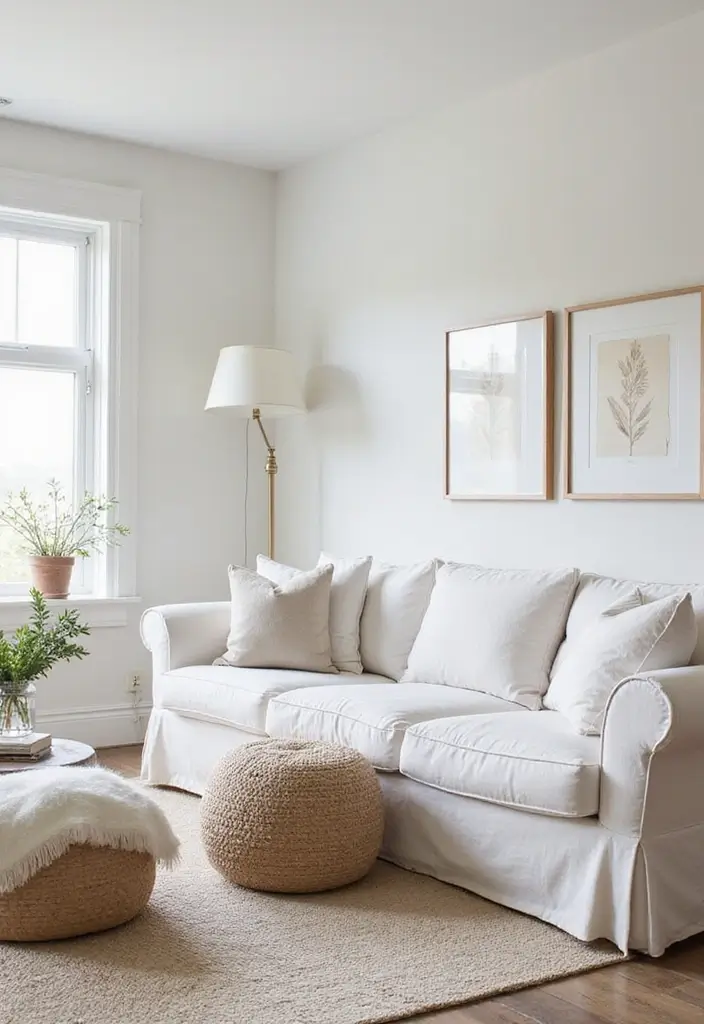 29 White Farmhouse Living Room Ideas That Feel Bright and Cozy - 19. Monochromatic Decor for Cohesion