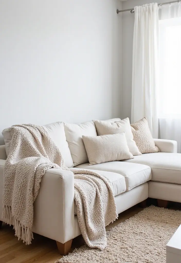 29 White Farmhouse Living Room Ideas That Feel Bright and Cozy - 2. Cozy Textiles for Comfort